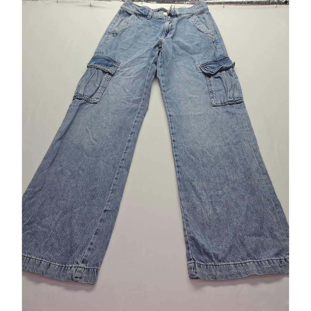 Aeropostale Womens High Rise Wide Leg Cargo Jeans Light Wash Blue XS Regular